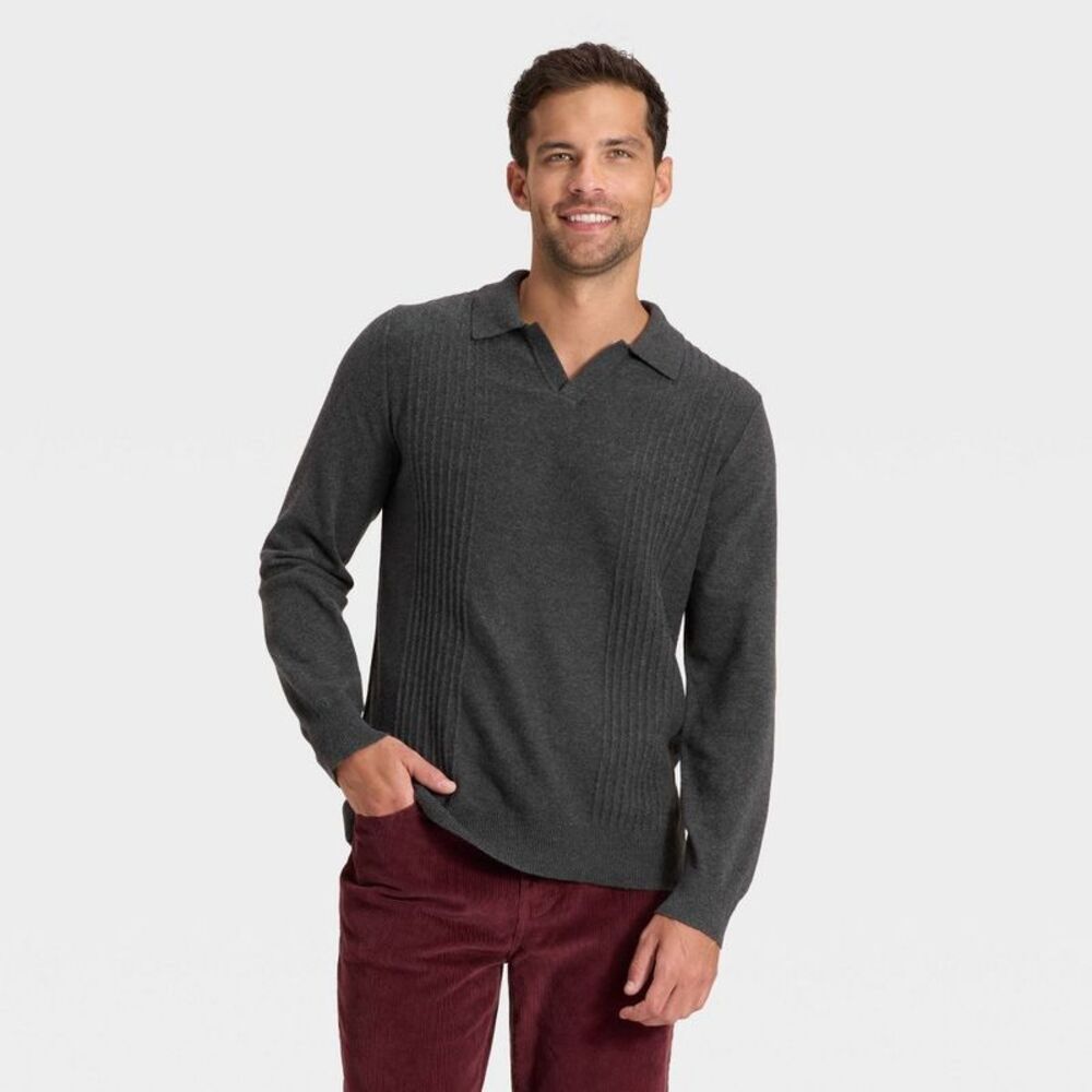 Men's Soft Knit Johnny Collar Polo Sweater - Goodfellow & Co Charcoal Gray S